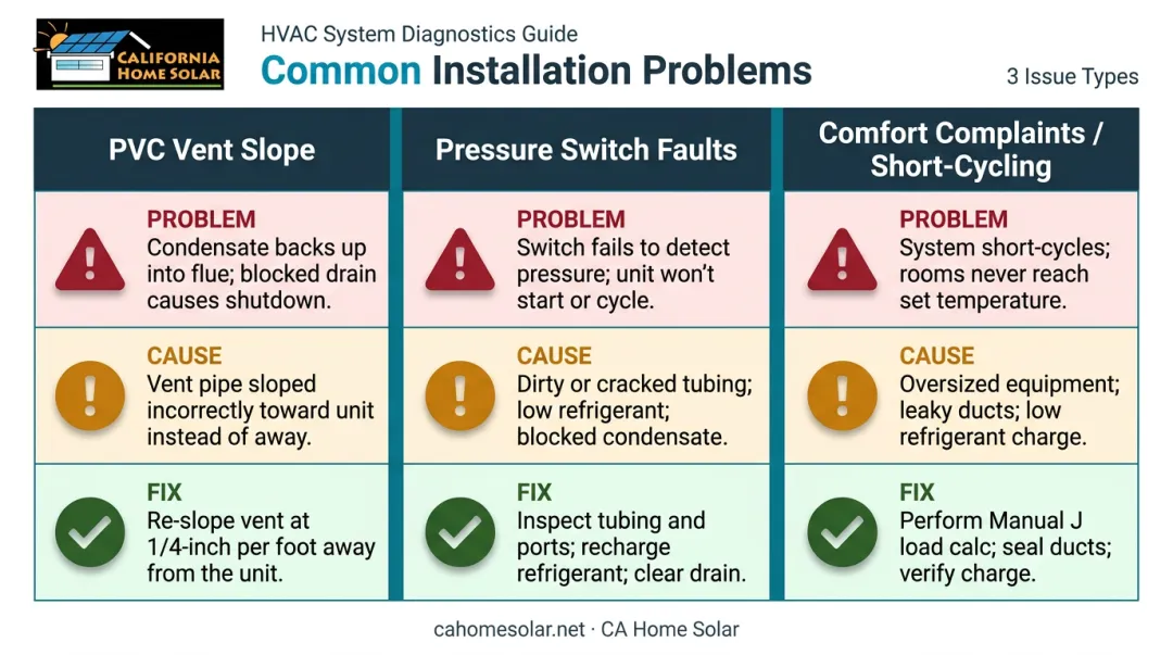 Three common furnace installation problems causes and fixes comparison infographic