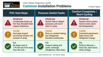 Three common furnace installation problems causes and fixes comparison infographic