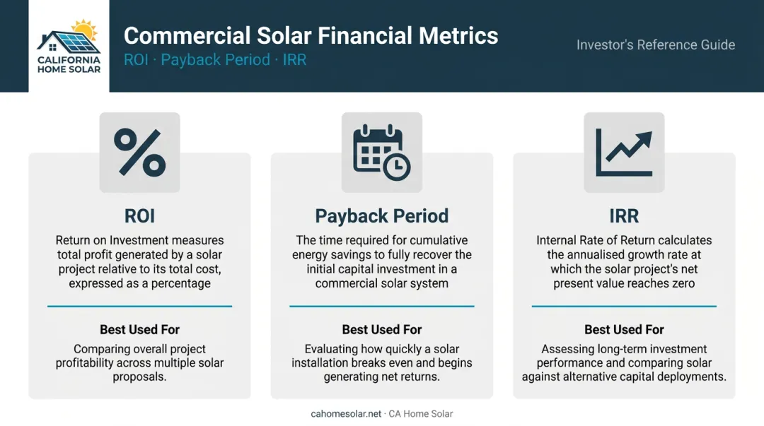 Three commercial solar financial metrics ROI payback period and IRR comparison