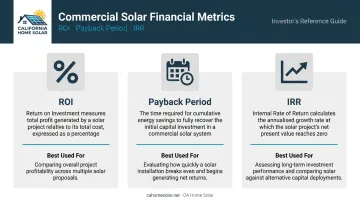 Three commercial solar financial metrics ROI payback period and IRR comparison