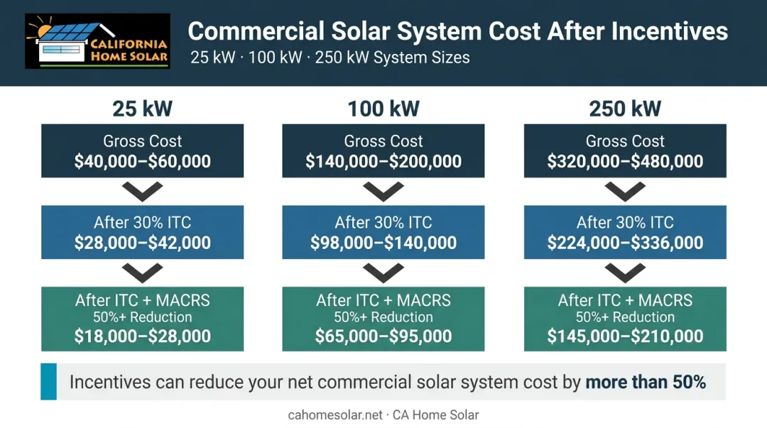 Commercial solar system cost comparison table showing ITC and MACRS incentive reductions by system size