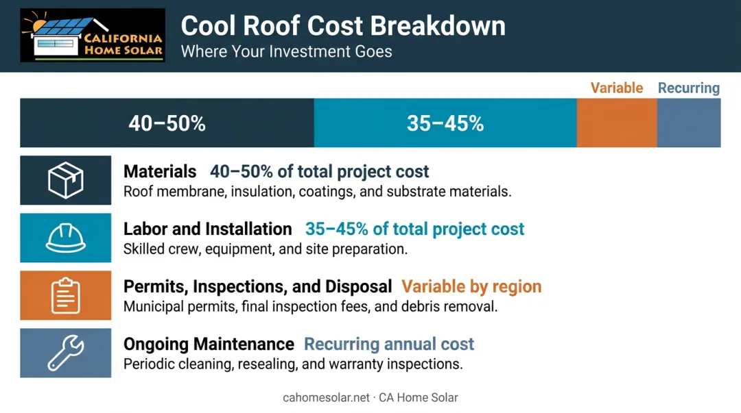 Cool roof installation cost components breakdown by percentage share infographic