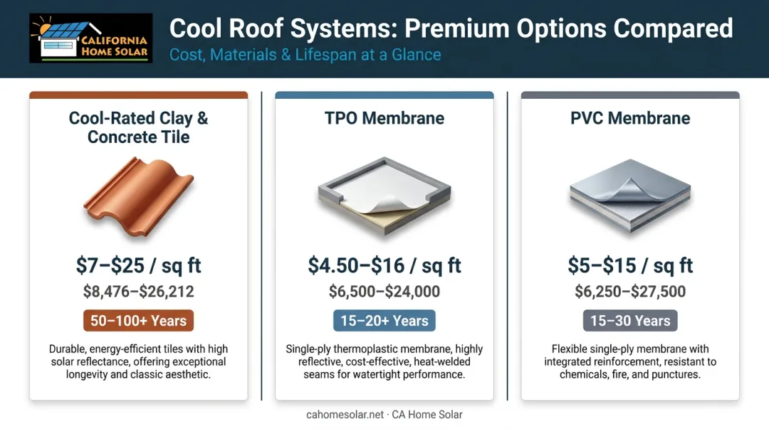 Three premium cool roof system types cost lifespan comparison infographic