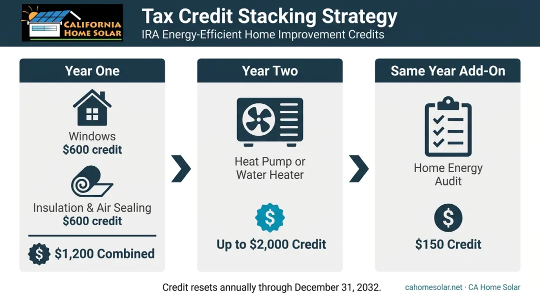 Multi-year energy efficient home improvement credit stacking strategy timeline infographic