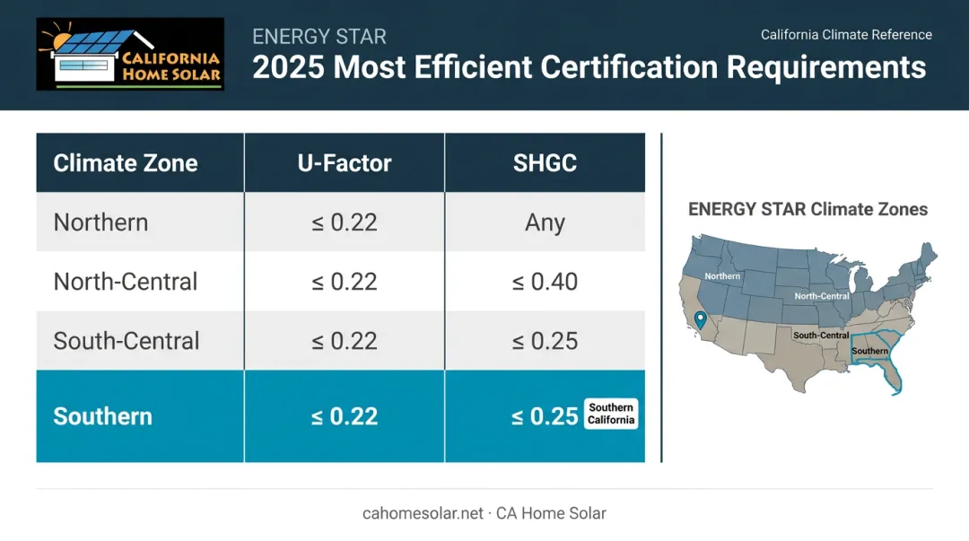 ENERGY STAR Most Efficient 2025 climate zone U-Factor and SHGC requirements comparison table