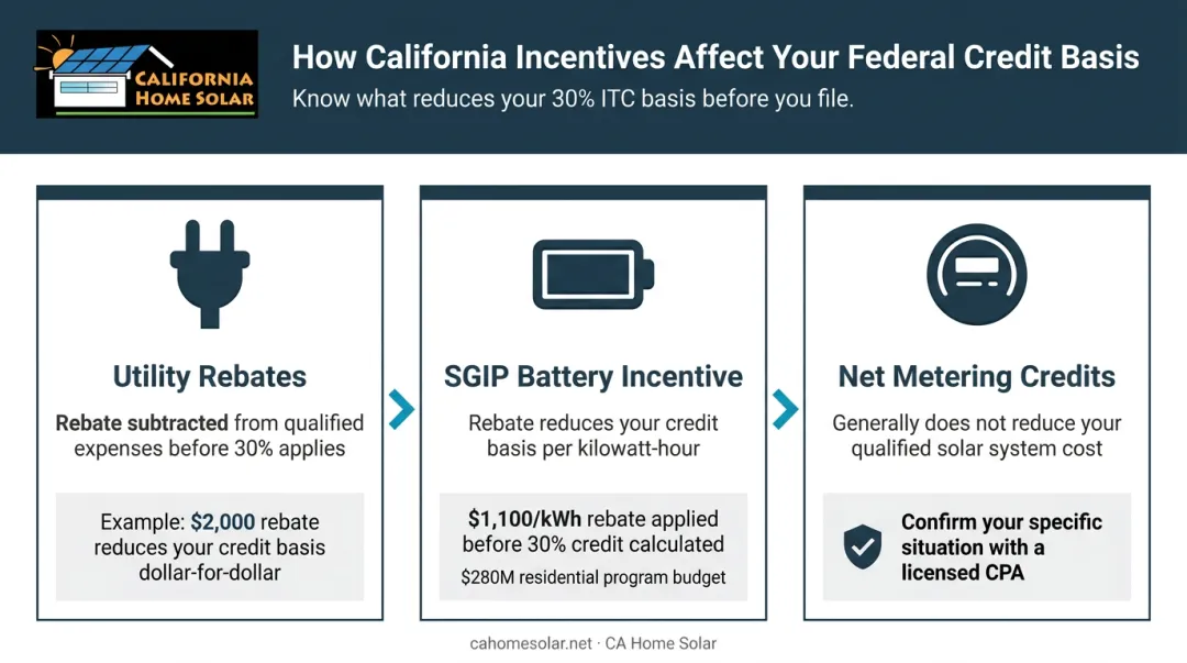 Three California solar incentives affecting federal tax credit basis calculation breakdown