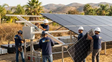California Home Solar crew installing ground-mount solar array in Southern California residential backyard