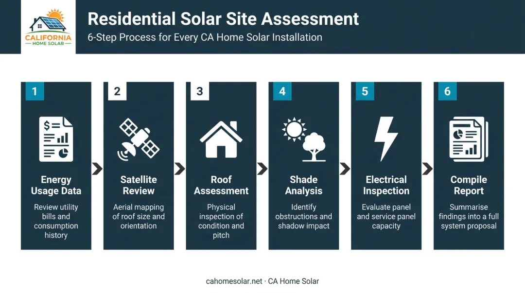 Six-step residential solar site assessment process flow from energy data to final report