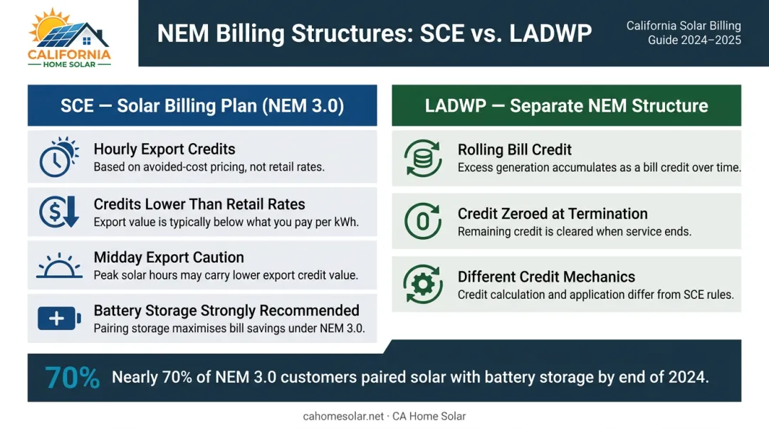 SCE NEM 3.0 Solar Billing Plan versus LADWP net metering structure side-by-side comparison