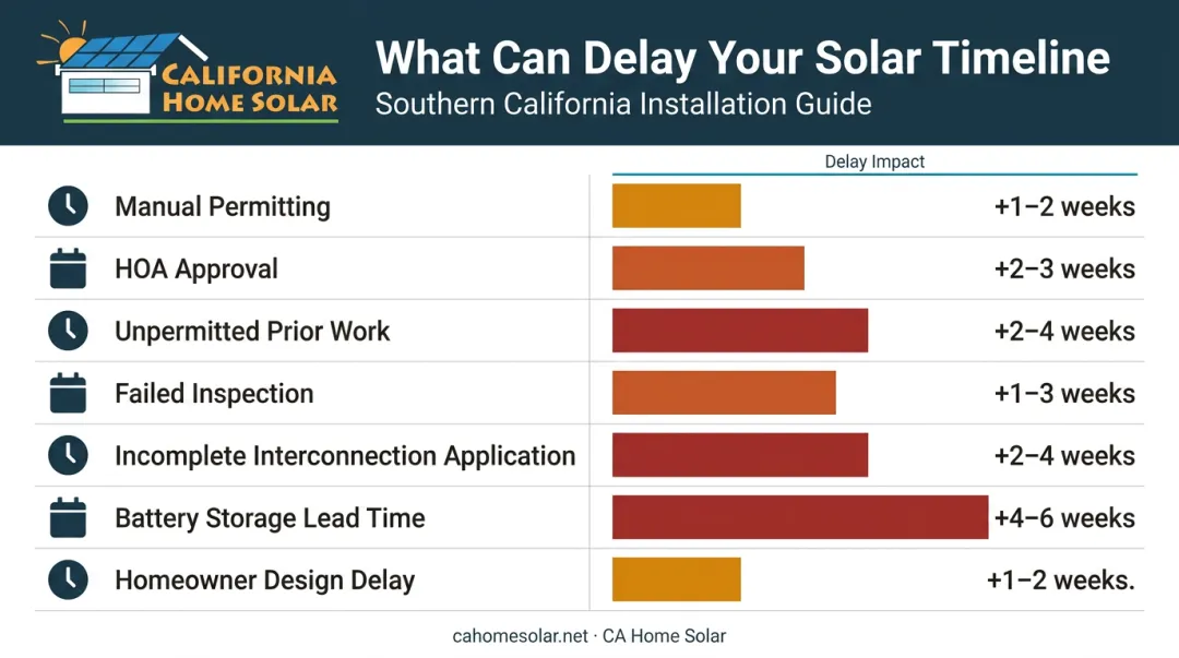 Solar installation delay factors comparison table showing timeline impact by cause