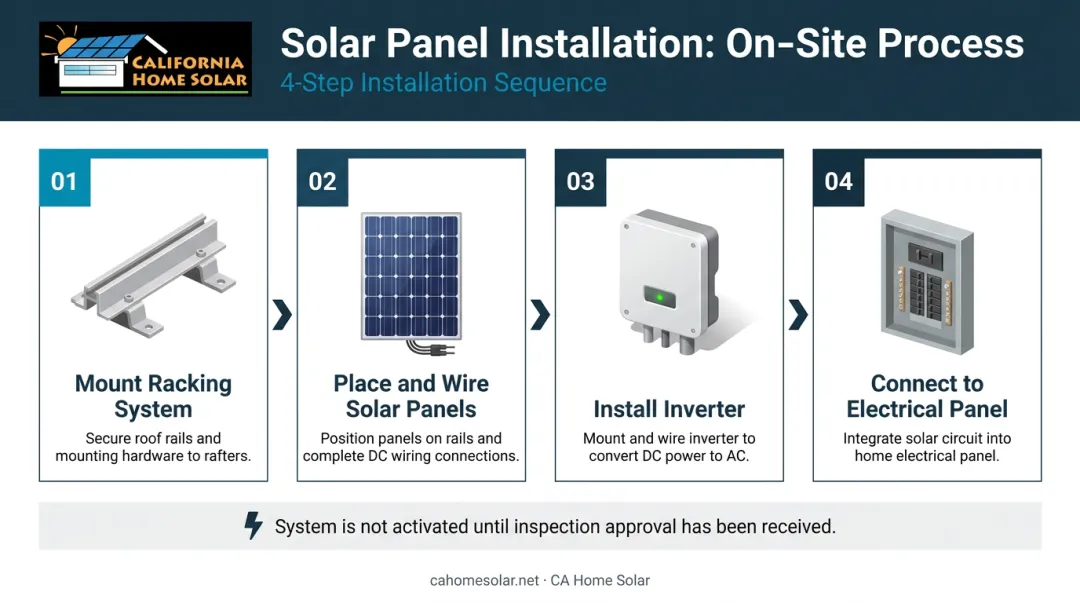 4-step solar panel installation day sequence from racking to electrical panel connection