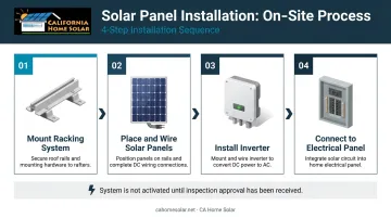 4-step solar panel installation day sequence from racking to electrical panel connection