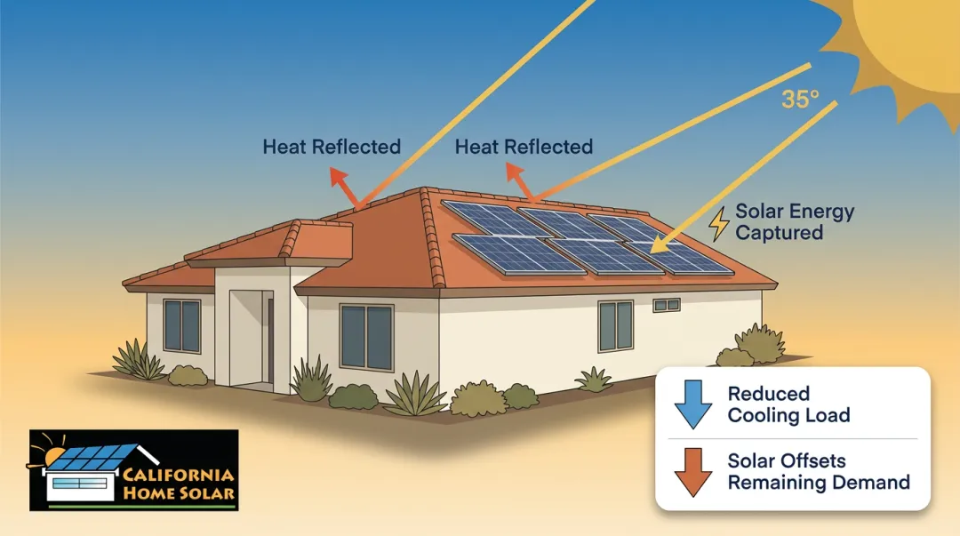 Residential home with cool tile roof and rooftop solar panels reducing energy costs in sunny climate