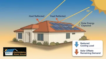 Residential home with cool tile roof and rooftop solar panels reducing energy costs in sunny climate