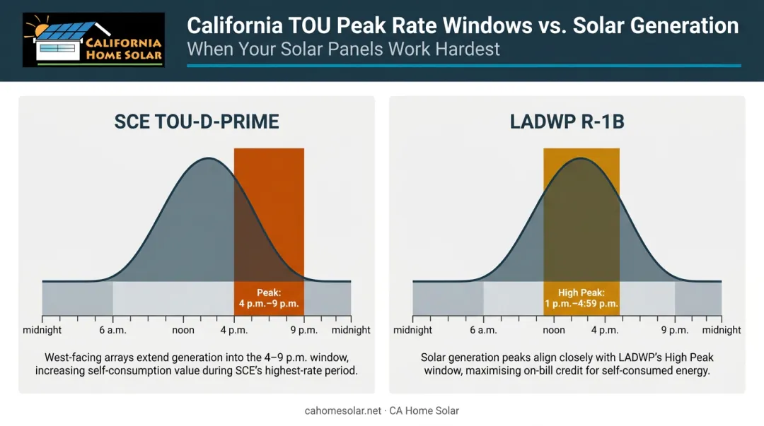 SCE versus LADWP TOU peak rate windows comparison solar generation timing chart
