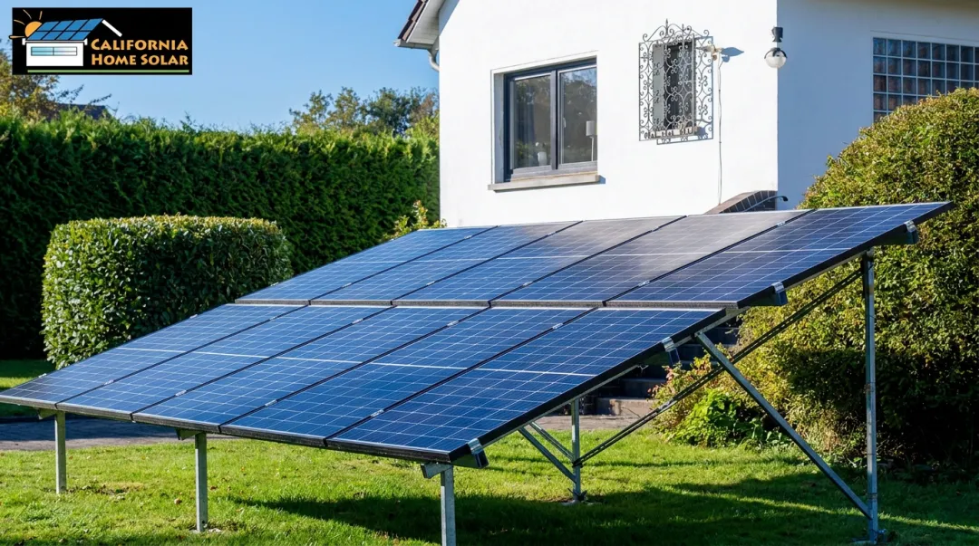 Residential ground-mount solar panel system installed in suburban backyard yard