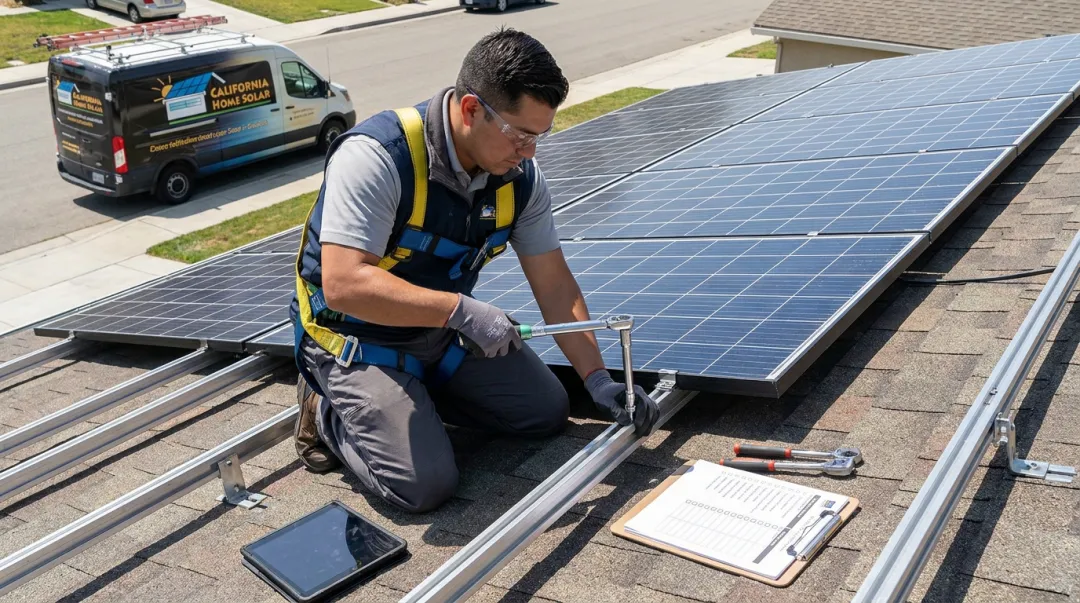 Solar technician performing annual torque check and maintenance on rooftop panel racking