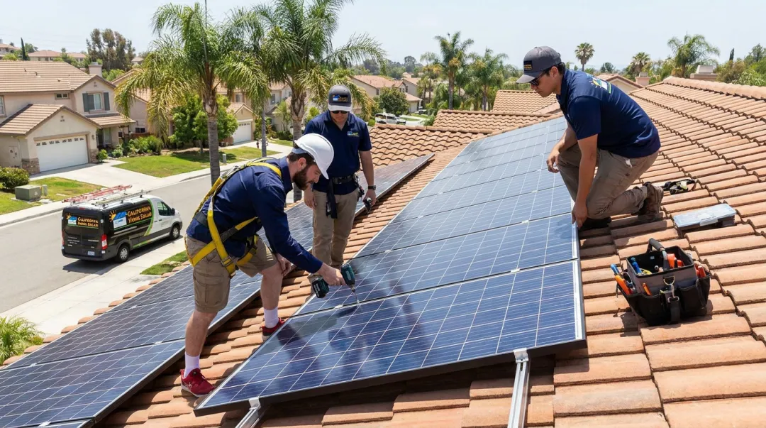 California Home Solar installation crew completing residential rooftop solar array in Los Angeles