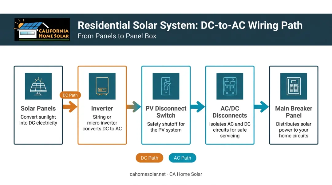 Solar panel DC to AC electrical wiring path from panels to breaker panel diagram