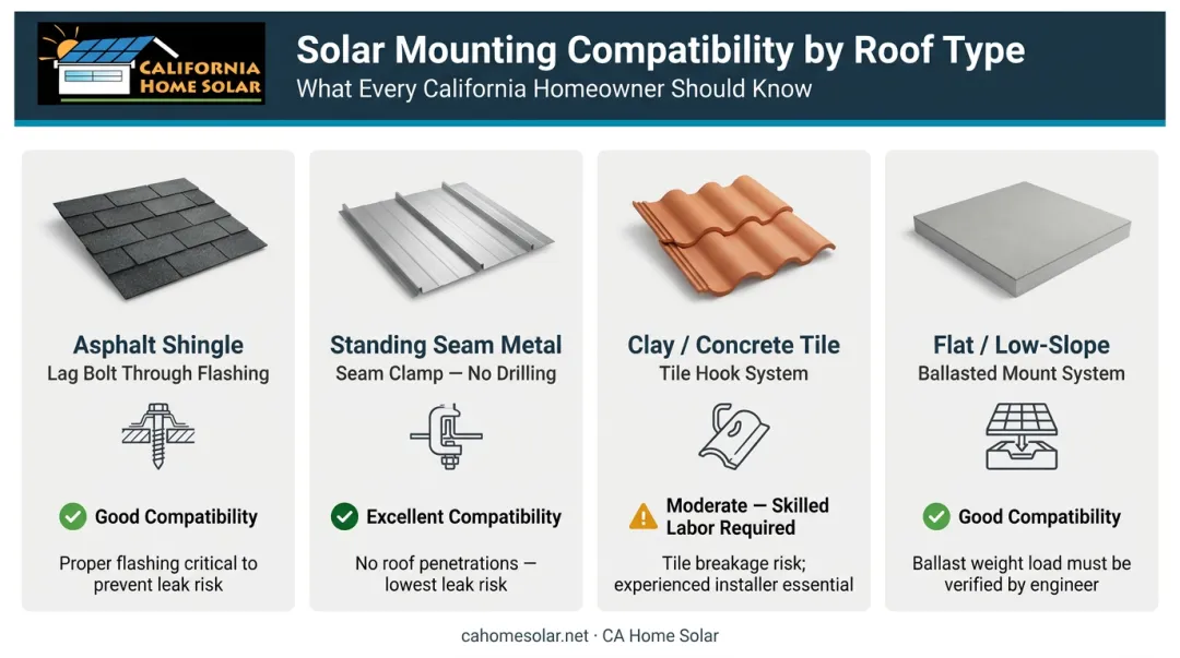 Four roof types solar mounting compatibility comparison chart with installation methods