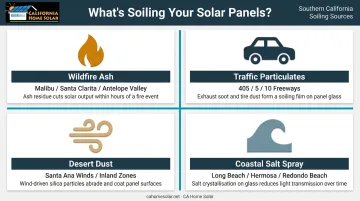 Four Southern California solar panel soiling sources wildfire ash salt traffic dust