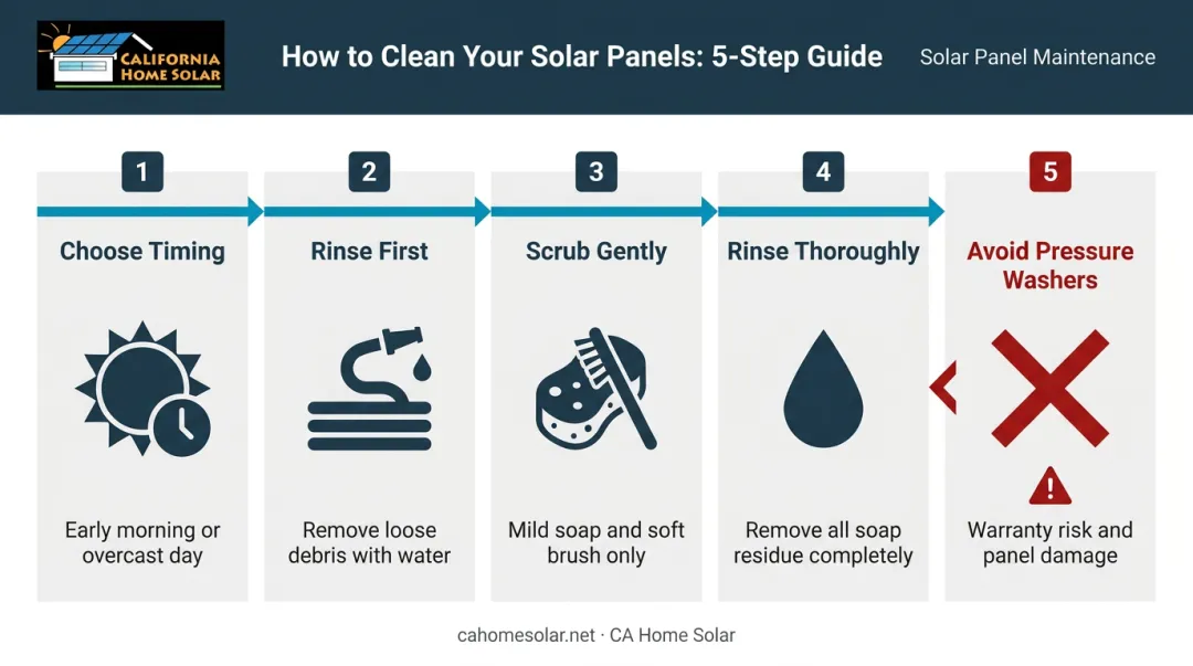 5-step DIY solar panel cleaning process from timing to rinsing infographic