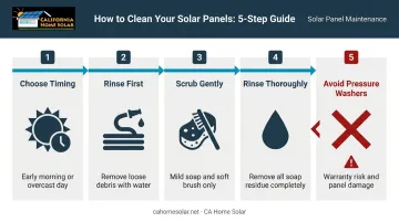 5-step DIY solar panel cleaning process from timing to rinsing infographic