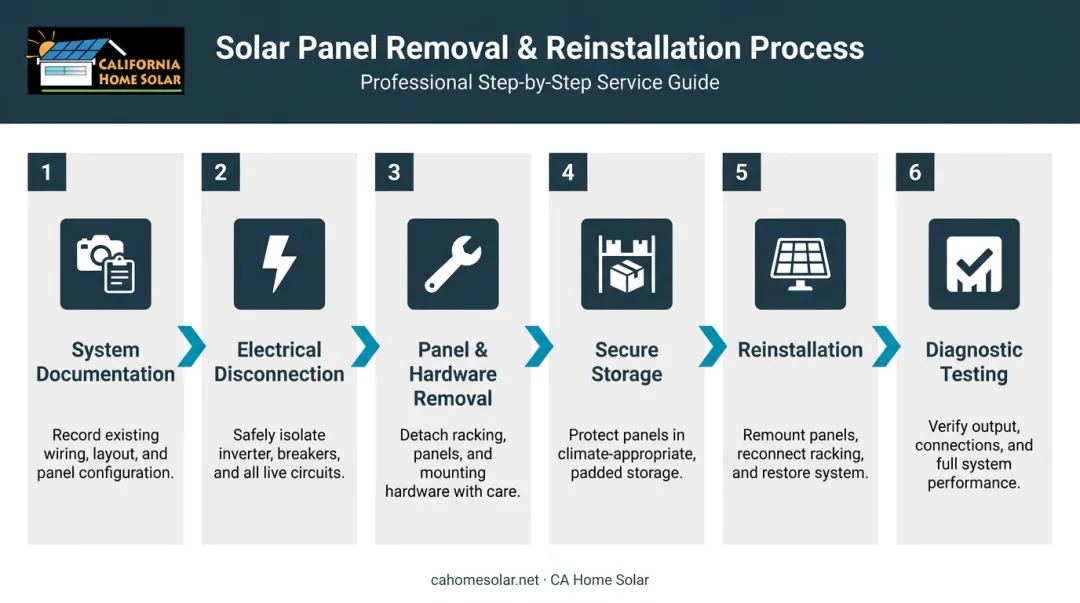 6-step solar panel removal and reinstallation process flow diagram