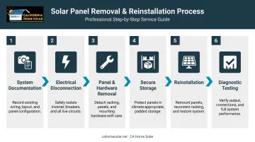 6-step solar panel removal and reinstallation process flow diagram