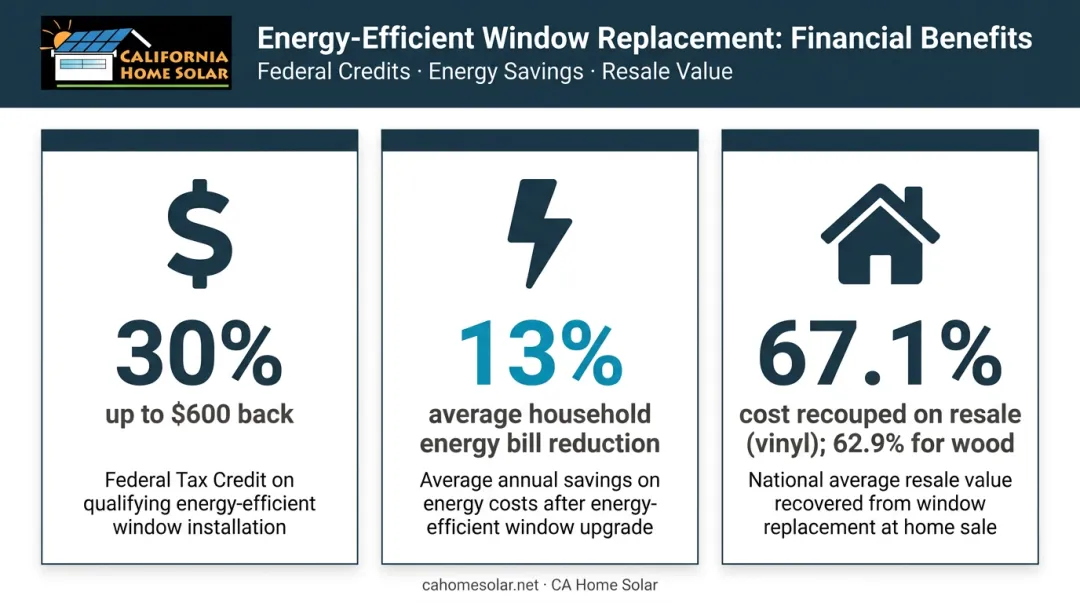 Window replacement financial benefits showing tax credit savings and resale value returns