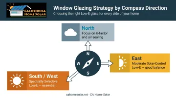 Window orientation strategy compass showing Low-E coating recommendations by direction
