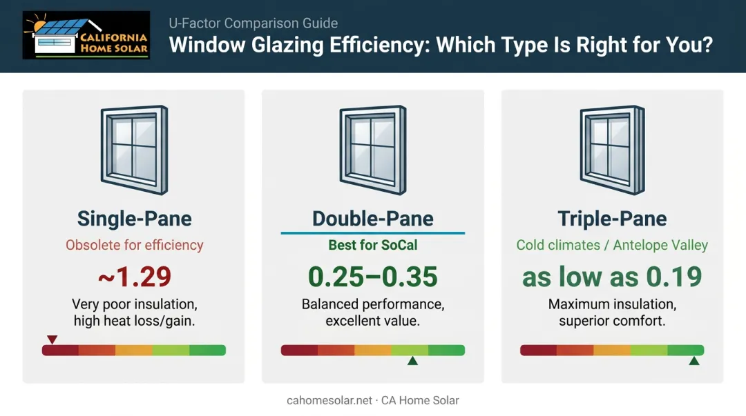 Single double and triple-pane window U-factor comparison infographic for SoCal