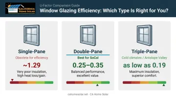Single double and triple-pane window U-factor comparison infographic for SoCal