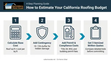 4-step California roofing budget estimation process from base calculation to final quote