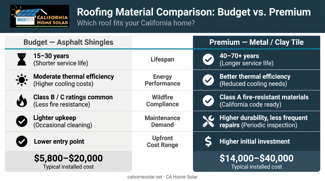 Budget asphalt versus premium metal clay tile roofing comparison chart California
