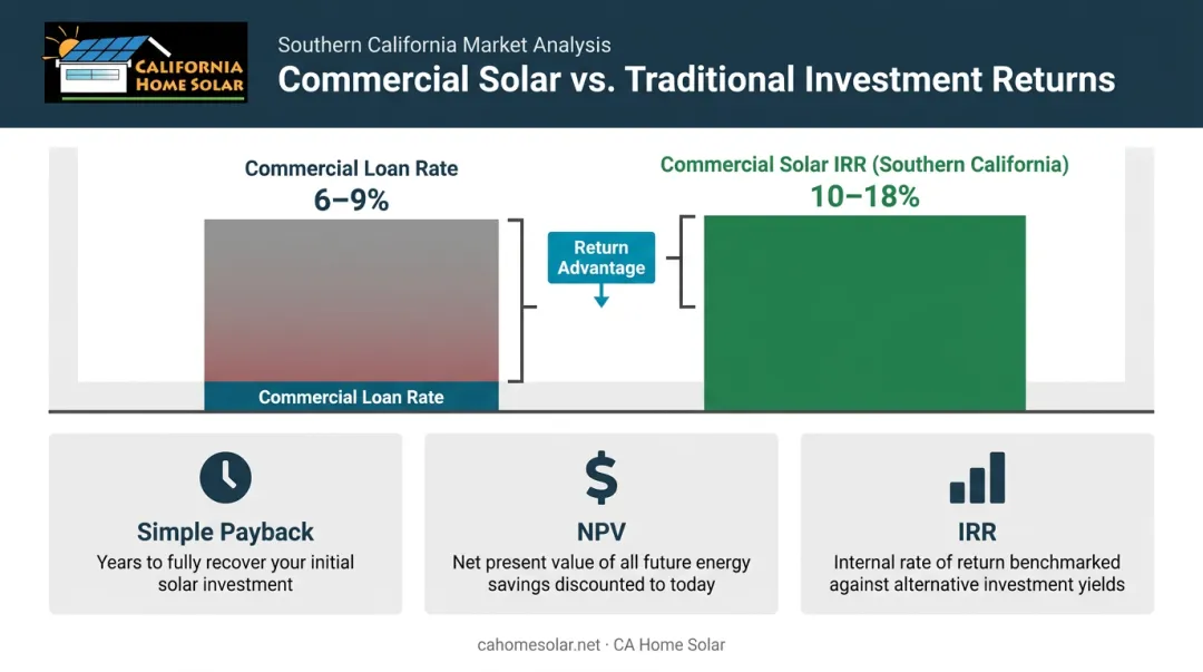 Commercial solar IRR versus loan rate comparison showing investment return advantage