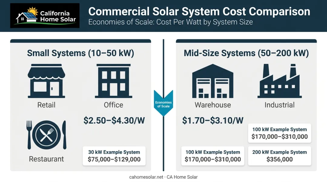 Small commercial solar system cost ranges by size 10kW to 200kW