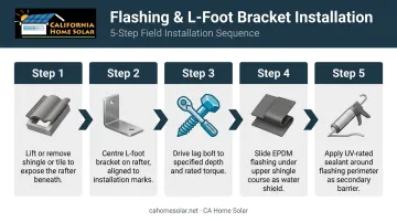 5-step steep roof solar L-foot flashing installation process flow diagram