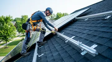 Solar installer on steep residential roof securing panel mounting rail system