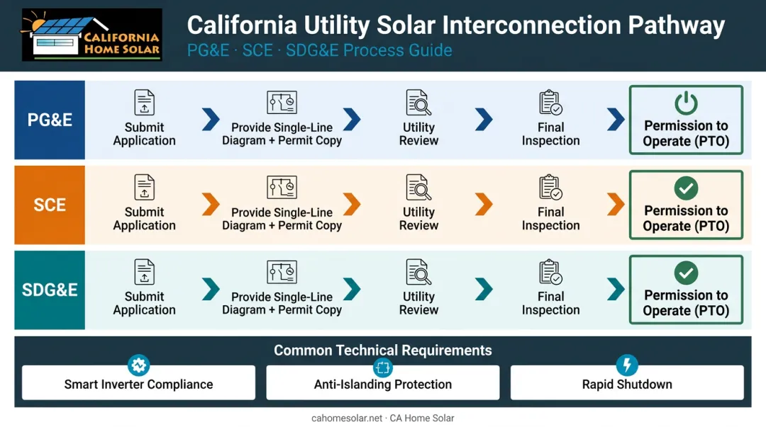 California utility solar interconnection process PG&E SCE SDG&E Permission to Operate steps