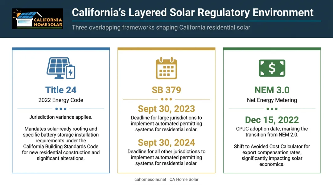 Three California solar regulatory frameworks Title 24 SB 379 and NEM 3.0 overview