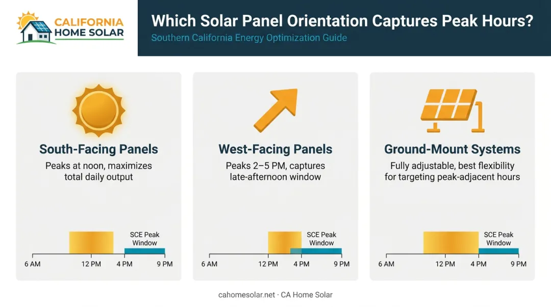 Solar panel orientation comparison south west and ground-mount production timing infographic