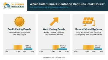 Solar panel orientation comparison south west and ground-mount production timing infographic