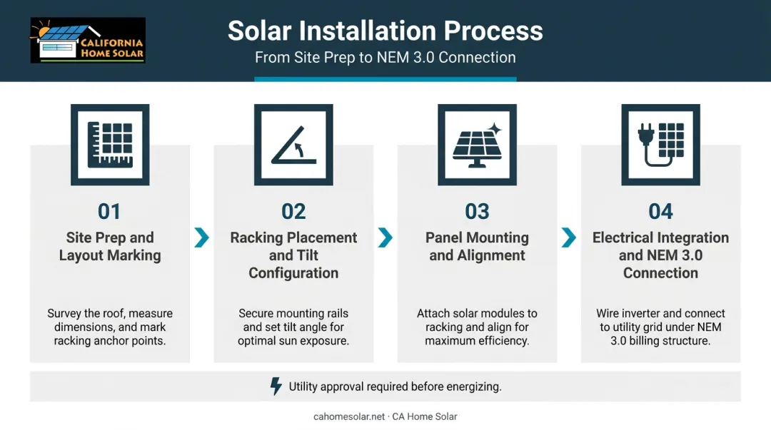 Four-step flat roof solar panel installation process from site prep to electrical integration