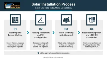Four-step flat roof solar panel installation process from site prep to electrical integration