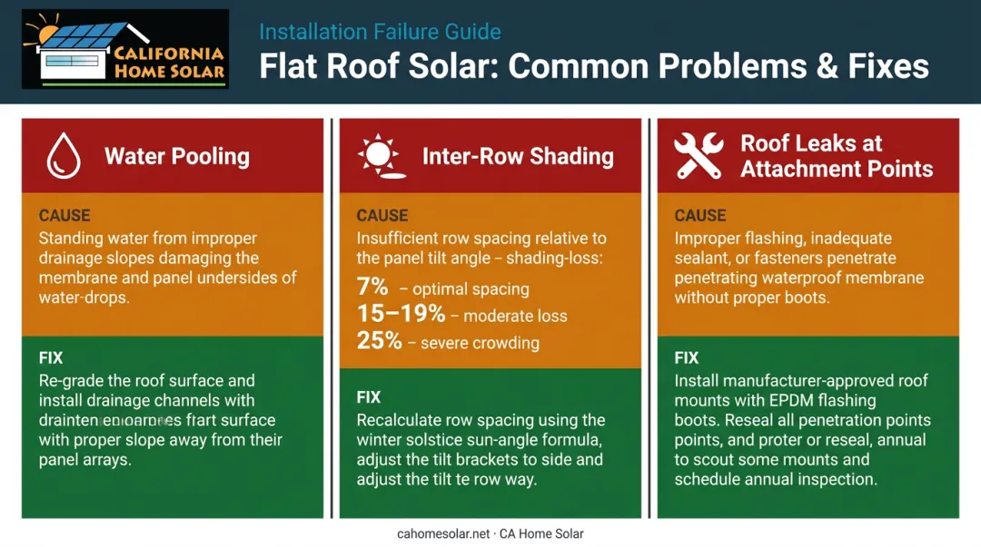 Three common flat roof solar problems causes and fixes comparison infographic