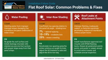 Three common flat roof solar problems causes and fixes comparison infographic