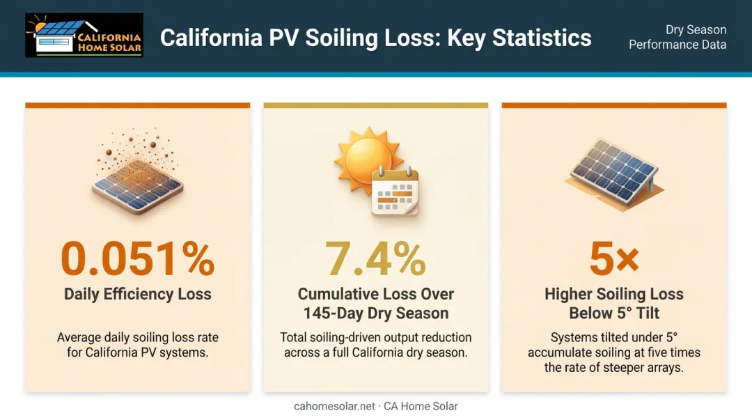 Solar panel soiling loss statistics showing dry season efficiency decline data