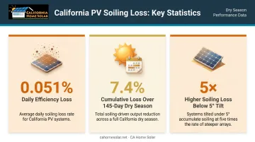 Solar panel soiling loss statistics showing dry season efficiency decline data