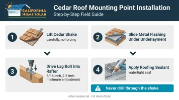 4-step cedar roof solar lag bolt and flashing installation process flow diagram